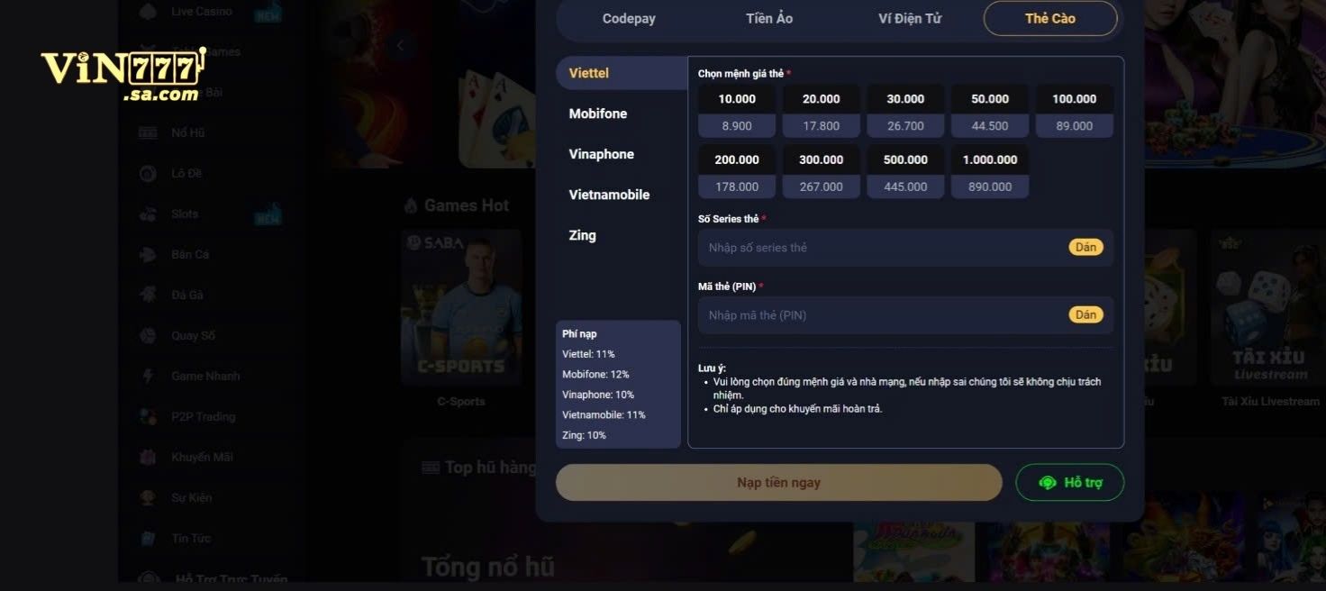 4 cách nạp tiền an toàn và nhanh chóng tại VIN777 2 Các bước nạp tiền bằng thẻ cào tại VIN777 cực dễ