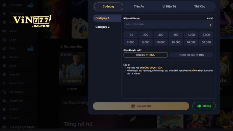 4 cách nạp tiền an toàn và nhanh chóng tại VIN777 1 Các bước nạp tiền qua Codepay mất từ 1 đến 3 phút thực hiện